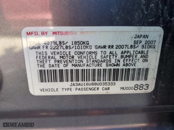 2008 Mitsubishi Lancer DE with VIN JA3AU16U88U035333, listed as a Copart auction lot 76604994 with 158,858 mi miles and Salvage Title. Bid and sale history available at carsss.com. Image 12.