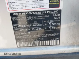 2007 Mercedes-Benz M 350 with VIN 4JGBB86E27A162569, listed as a IAAI auction lot 41684904 with 194,467 mi miles and . Bid and sale history available at DreamBid. Image 9.
