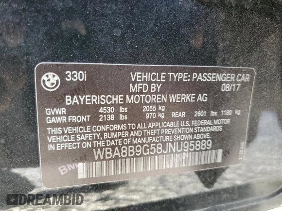 2018 BMW 3 Series 330i with VIN WBA8B9G58JNU95889, listed as a Copart auction lot 49611305 with 54,229 mi miles and Salvage Title. Bid and sale history available at carsss.com. Image 12.