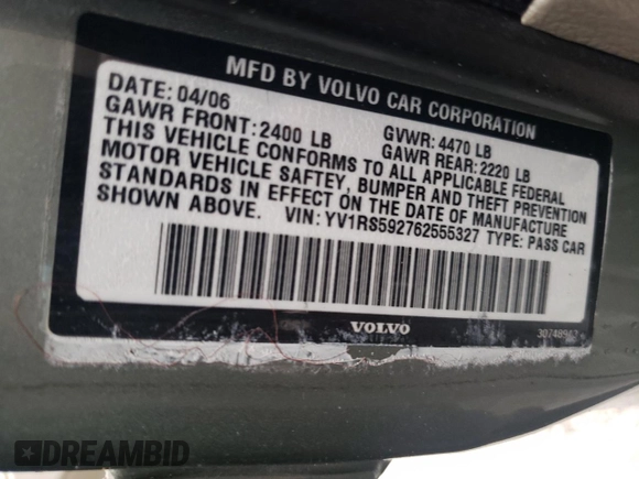 2006 Volvo S60 2.5L Turbo with VIN YV1RS592762555327, listed as a Copart auction lot 71220294 with 171,250 mi miles and Salvage Title. Bid and sale history available at carsss.com. Image 12.