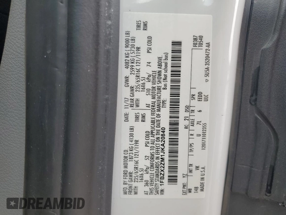 2018 Ford Transit Passenger XL z VIN 1FBZX2ZM1JKA20840, wystawiony jako Copart lot #66152134 z przebiegiem 78 961 mil mil oraz Nie do naprawy • Non repairable. Historia ofert i sprzedaży dostępna na DreamBid. Obrazek 13.