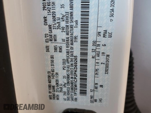 2023 Ford F-150 XL with VIN 1FTEW1CP2PKD69265, listed as a Copart auction lot 44341405 with 15,368 mi miles and Salvage Title. Bid and sale history available at DreamBid. Image 13.