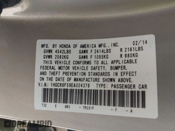 2014 Honda Accord EX-L with VIN 1HGCR6F59EA004379, listed as a IAAI auction lot 41753888 with 98,654 mi miles and . Bid and sale history available at DreamBid. Image 9.