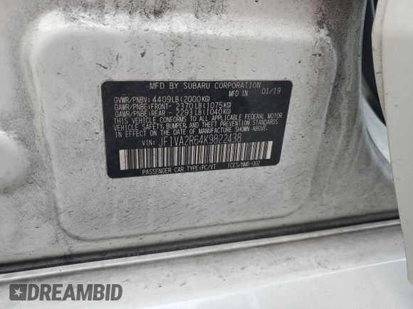 2019 Subaru WRX STI with VIN JF1VA2R64K9822438, listed as a Copart auction lot 88850195 with 58,218 mi miles and Salvage Title. Bid and sale history available at carsss.com. Image 13.