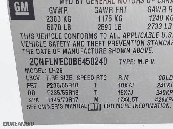 2011 Chevrolet Equinox LT w/2LT with VIN 2CNFLNEC0B6450240, listed as a IAAI auction lot 41771393 with 127,775 mi miles. Bid and sale history available at carsss.com. Image 9.
