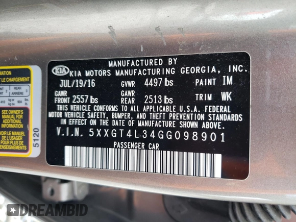 2016 Kia Optima LX z VIN 5XXGT4L34GG098901, wystawiony jako Copart lot #54388685 z przebiegiem 136 223 mil mil oraz Szkoda całkowita • Salvage title. Historia ofert i sprzedaży dostępna na DreamBid. Obrazek 12.