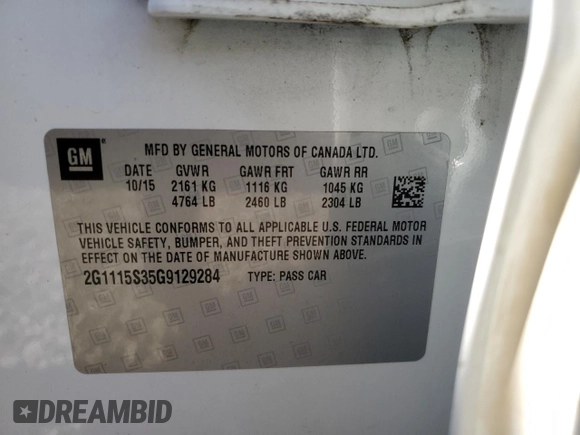 2016 Chevrolet Impala LT z VIN 2G1115S35G9129284, wystawiony jako Copart lot #53515665 z przebiegiem 125 220 mil mil oraz Szkoda całkowita • Salvage title. Historia ofert i sprzedaży dostępna na DreamBid. Obrazek 14.