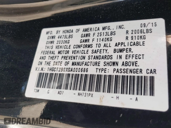 2016 Honda Accord Touring with VIN 1HGCT2B0XGA000686, listed as a IAAI auction lot 41888593 with 174,934 mi miles and . Bid and sale history available at DreamBid. Image 9.