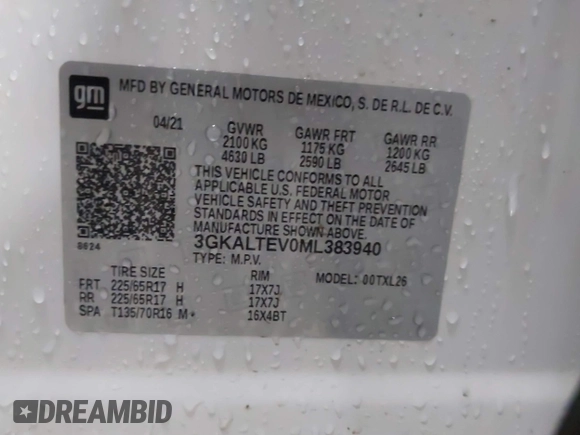 2021 GMC Terrain SLE with VIN 3GKALTEV0ML383940, listed as a IAAI auction lot 41544809 with 50,858 mi miles and . Bid and sale history available at carsss.com. Image 9.