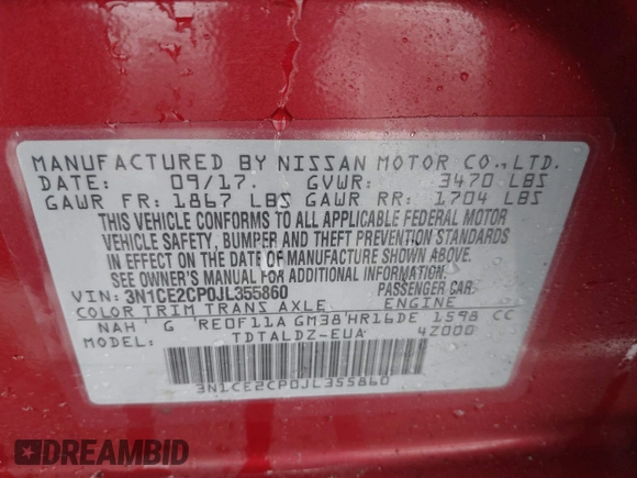2018 Nissan Note SV with VIN 3N1CE2CP0JL355860, listed as a IAAI auction lot 41566071 with 45,835 mi miles and . Bid and sale history available at DreamBid. Image 9.