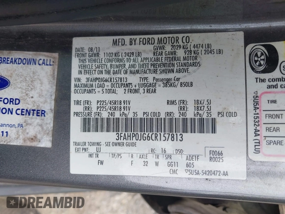 2012 Ford Fusion SEL with VIN 3FAHP0JG6CR157813, listed as a IAAI auction lot 42516219 with 187,705 mi miles and . Bid and sale history available at DreamBid. Image 9.