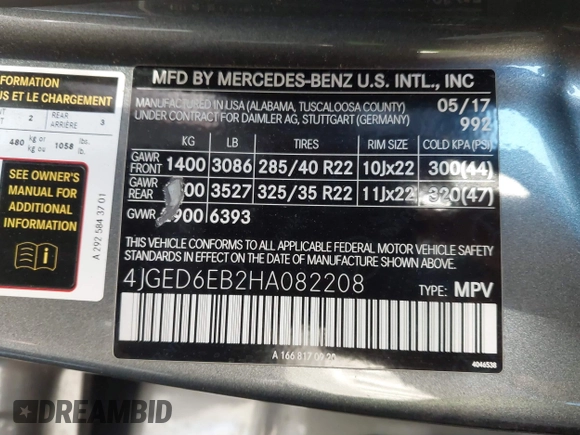2017 Mercedes-Benz GLE 43 AMG with VIN 4JGED6EB2HA082208, listed as a IAAI auction lot 41166219 with 89,803 mi miles and . Bid and sale history available at DreamBid. Image 9.