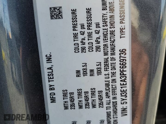 2023 Tesla Model 3 с VIN 5YJ3E1EA3PF669736, выставлен на аукционе Copart как лот 54679685 с пробегом 14 738 миль миль и Списание • Salvage title. История ставок и продаж доступна на DreamBid. Изображение 12.