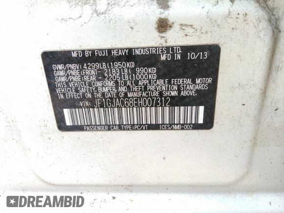 2014 Subaru Impreza Premium with VIN JF1GJAC68EH007312, listed as a IAAI auction lot 42717142 with 111,951 mi miles and . Bid and sale history available at DreamBid. Image 9.