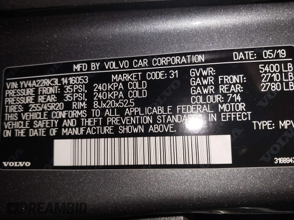 2020 Volvo XC60 Momentum with VIN YV4A22RK3L1416053, listed as a IAAI auction lot 41254175 with 52,653 mi miles and . Bid and sale history available at DreamBid. Image 9.