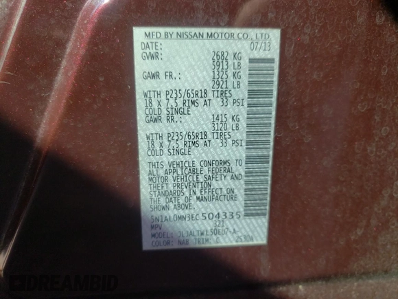 2014 Infiniti QX60 with VIN 5N1AL0MN3EC504335, listed as a Copart auction lot 46644225 with 164,544 mi miles and Salvage Title. Bid and sale history available at DreamBid. Image 13.