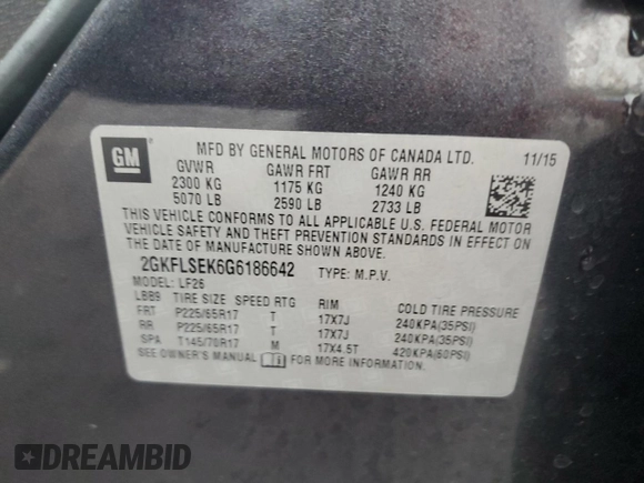2016 GMC Terrain SLE with VIN 2GKFLSEK6G6186642, listed as a Copart auction lot 55635185 with Not Provided miles and Salvage Title. Bid and sale history available at DreamBid. Image 13.