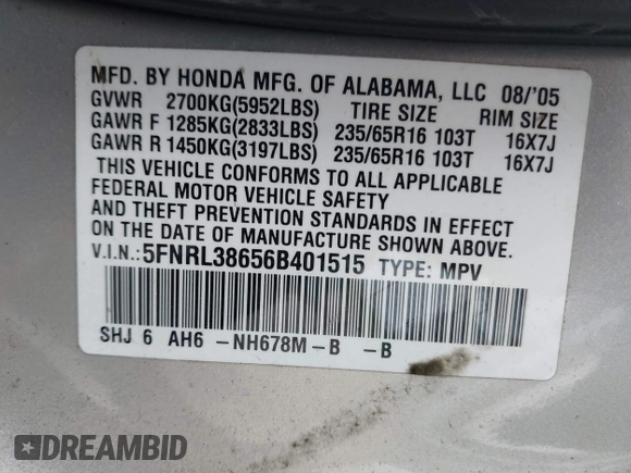 2006 Honda Odyssey EX-L with VIN 5FNRL38656B401515, listed as a IAAI auction lot 40887899 with 241,327 mi miles. Bid and sale history available at carsss.com. Image 9.