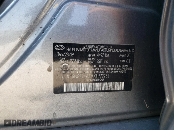 2019 Hyundai Sonata SE with VIN 5NPE24AFXKH772232, listed as a Copart auction lot 72905174 with Not Provided miles and Salvage Title. Bid and sale history available at DreamBid. Image 12.