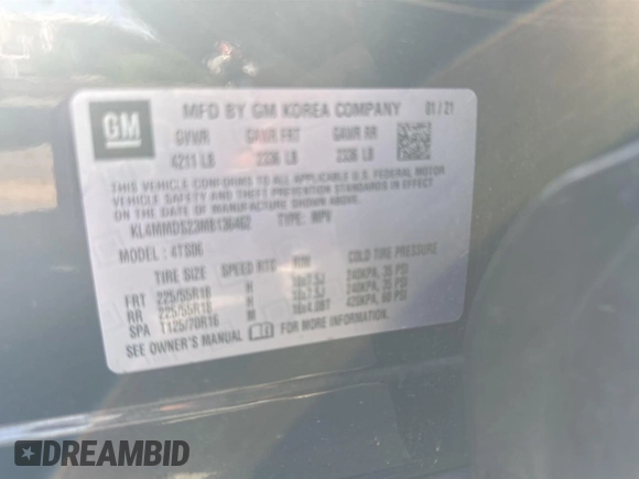 2021 Buick Encore GX Select with VIN KL4MMDS23MB136462, listed as a IAAI auction lot 42729539 with 56,589 mi miles and . Bid and sale history available at DreamBid. Image 2.