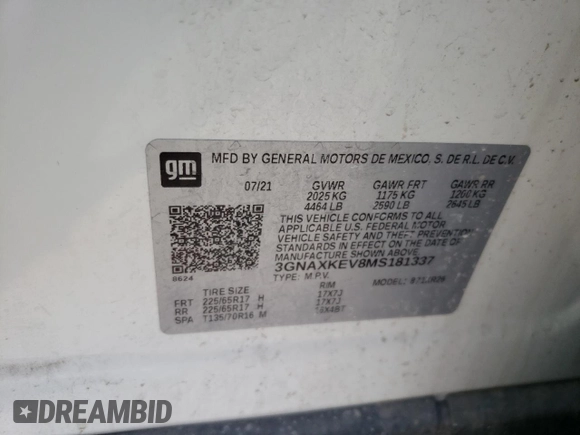 2021 Chevrolet Equinox LT with VIN 3GNAXKEV8MS181337, listed as a Copart auction lot 55274205 with 71,708 mi miles and Salvage Title. Bid and sale history available at DreamBid. Image 12.