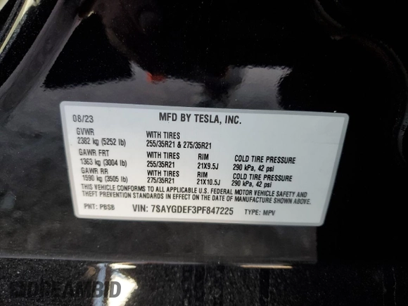 2023 Tesla Model Y Performance with VIN 7SAYGDEF3PF847225, listed as a Copart auction lot 52171135 with 29,724 mi miles and Salvage Title. Bid and sale history available at DreamBid. Image 14.