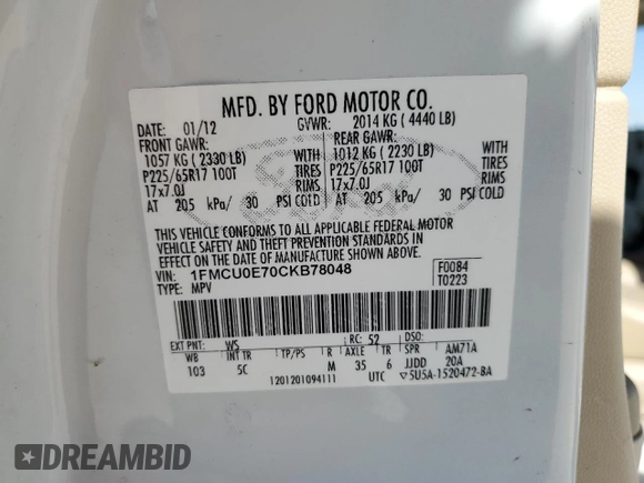 2012 Ford Escape Limited with VIN 1FMCU0E70CKB78048, listed as a Copart auction lot 52484415 with 188,106 mi miles and Salvage Title. Bid and sale history available at carsss.com. Image 14.