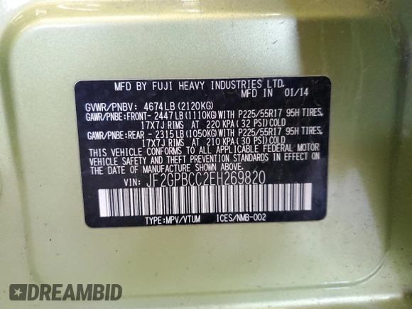 2014 Subaru Crosstrek with VIN JF2GPBCC2EH269820, listed as a Copart auction lot 58888485 with 216,928 mi miles and Clean title. Bid and sale history available at DreamBid. Image 13.