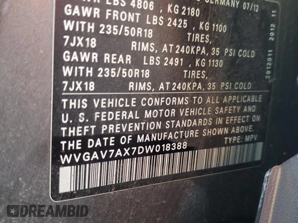 2013 Volkswagen Tiguan SE with VIN WVGAV7AX7DW018388, listed as a Copart auction lot 56188045 with 98,066 mi miles and Salvage title. Bid and sale history available at DreamBid. Image 12.