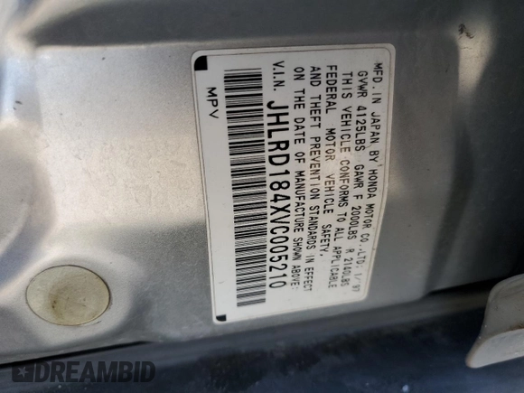 1997 Honda CR-V with VIN JHLRD184XVC005210, listed as a Copart auction lot 46392155 with 296,613 mi miles and Salvage Title. Bid and sale history available at carsss.com. Image 13.