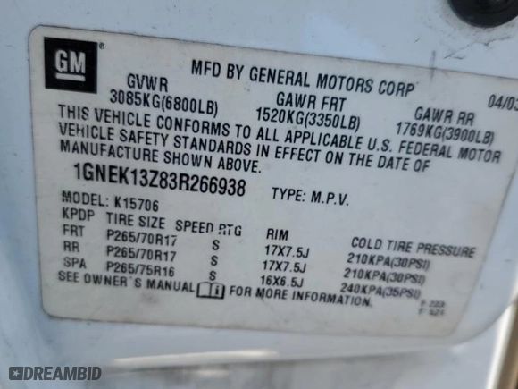 2003 Chevrolet Tahoe Z71 with VIN 1GNEK13Z83R266938, listed as a Copart auction lot 48925335 with 0 mi miles and Salvage Title. Bid and sale history available at carsss.com. Image 13.