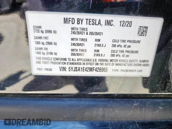 2021 Tesla Model S 75D with VIN 5YJSA1E42MF426965, listed as a Copart auction lot 63052185 with 50,405 mi miles and Salvage title. Bid and sale history available at DreamBid. Image 13.