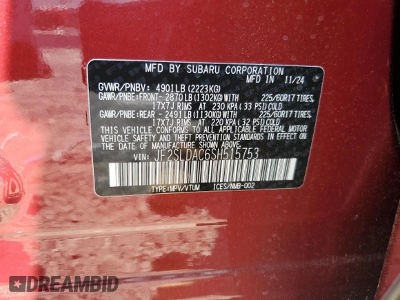 2025 Subaru Forester with VIN JF2SLDAC6SH515753, listed as a Copart auction lot 59920115 with 792 mi miles and Salvage title. Bid and sale history available at DreamBid. Image 13.