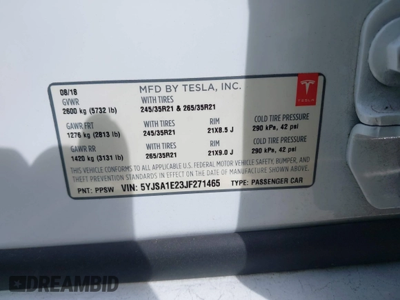 2018 Tesla Model S 75D with VIN 5YJSA1E23JF271465, listed as a IAAI auction lot 41911356 with 50,483 mi miles and . Bid and sale history available at DreamBid. Image 9.
