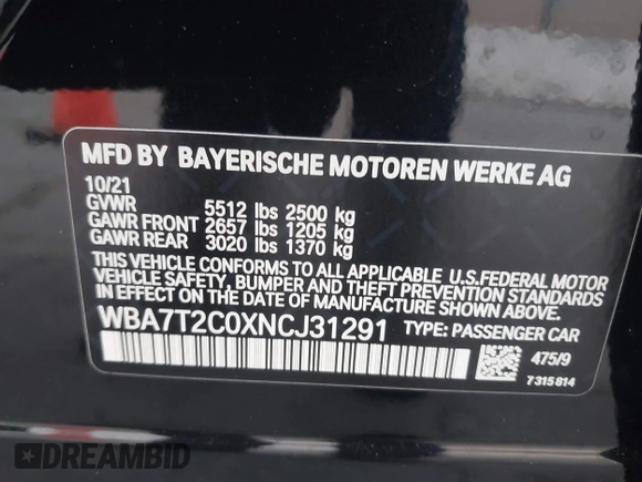 2022 BMW 7 Series 740i with VIN WBA7T2C0XNCJ31291, listed as a IAAI auction lot 40623307 with 98,877 mi miles. Bid and sale history available at carsss.com. Image 9.