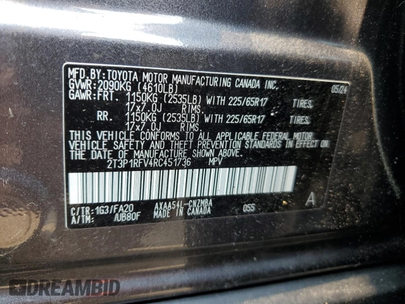 2024 Toyota RAV4 XLE with VIN 2T3P1RFV4RC451736, listed as a Copart auction lot 59940025 with 4,359 mi miles and Salvage title. Bid and sale history available at DreamBid. Image 12.
