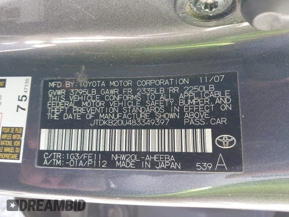 2008 Toyota Prius with VIN JTDKB20U483349397, listed as a IAAI auction lot 41852131 with 355,116 mi miles. Bid and sale history available at carsss.com. Image 9.