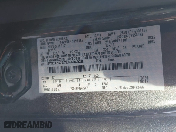 2020 Ford F-150 XL with VIN 1FTEX1CB7LFA04939, listed as a IAAI auction lot 42027862 with 56,383 mi miles and . Bid and sale history available at DreamBid. Image 9.