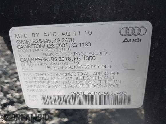 2011 Audi Q5 Premium Plus with VIN WA1LFAFP7BA053498, listed as a IAAI auction lot 41981160 with 147,674 mi miles and . Bid and sale history available at DreamBid. Image 9.