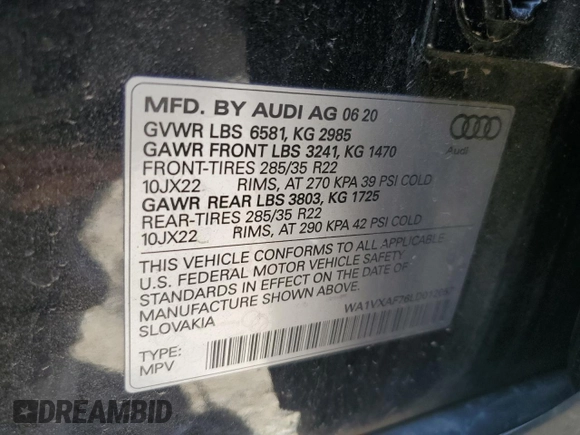 2020 Audi Q7 Prestige with VIN WA1VXAF76LD012057, listed as a Copart auction lot 62509075 with 67,254 mi miles and Clean title. Bid and sale history available at DreamBid. Image 13.