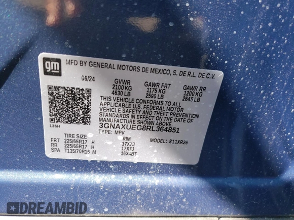 2024 Chevrolet Equinox LT with VIN 3GNAXUEG8RL364851, listed as a Copart auction lot 71069054 with Not Provided miles and Salvage Title. Bid and sale history available at DreamBid. Image 13.