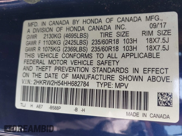 2017 Honda CR-V EX with VIN 2HKRW2H54HH682784, listed as a IAAI auction lot 42117213 with 133,860 mi miles. Bid and sale history available at carsss.com. Image 9.
