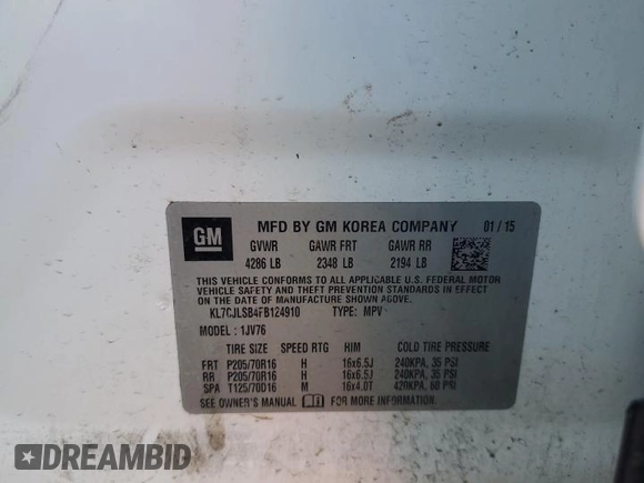2015 Chevrolet Trax LT with VIN KL7CJLSB4FB124910, listed as a Copart auction lot 80858214 with 119,011 mi miles and Salvage Title. Bid and sale history available at carsss.com. Image 15.