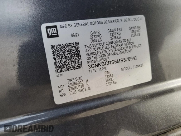 2021 Chevrolet Blazer LT with VIN 3GNKBCRS6MS570941, listed as a Copart auction lot 46702795 with 27,516 mi miles and Salvage title. Bid and sale history available at DreamBid. Image 13.