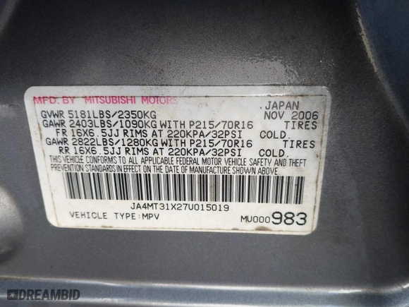2007 Mitsubishi Outlander LS with VIN JA4MT31X27U015019, listed as a IAAI auction lot 41967034 with 287,541 mi miles. Bid and sale history available at carsss.com. Image 9.
