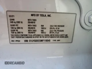 2021 Tesla Model Y Long Range with VIN 5YJYGDEE5MF118045, listed as a Copart auction lot 50790065 with 43,704 mi miles and Salvage Title. Bid and sale history available at DreamBid. Image 15.