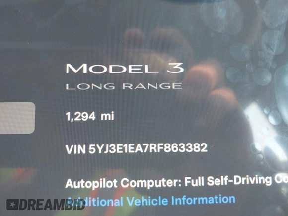2024 Tesla Model 3 with VIN 5YJ3E1EA7RF863382, listed as a IAAI auction lot 41780246 with 1,294 mi miles and . Bid and sale history available at DreamBid. Image 7.