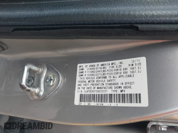 2012 Acura RDX Technology with VIN 5J8TB2H57CA003237, listed as a IAAI auction lot 42207312 with 117,844 mi miles and . Bid and sale history available at DreamBid. Image 9.