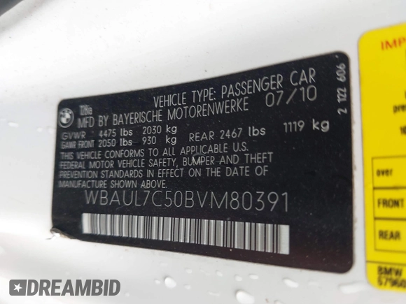 2011 BMW 1 Series 128i with VIN WBAUL7C50BVM80391, listed as a IAAI auction lot 39812898 with 126,208 mi miles and . Bid and sale history available at DreamBid. Image 9.