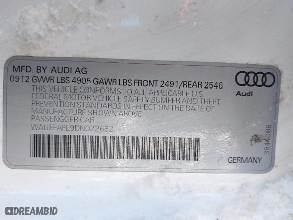 2013 Audi A4 Premium Plus with VIN WAUFFAFL9DN022682, listed as a IAAI auction lot 41605430 with 104,363 mi miles. Bid and sale history available at carsss.com. Image 9.